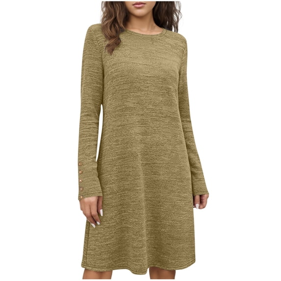 FRSASU Women Long Sleeve Tops T-Shirt Dresses Round Neck Casual A-Line Loose Vocation Spring Fall Dress Khaki