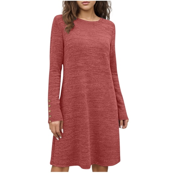 FRSASU Women Long Sleeve Tops T-Shirt Dresses Round Neck Casual A-Line Loose Vocation Spring Fall Dress Pink