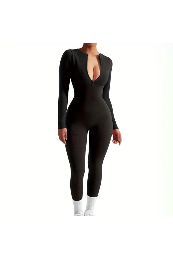 Women Long Sleeve Workout Jumpsuit Zip up Romper Bottom Pants Bodysuit Bodycon Casual One Piece Black