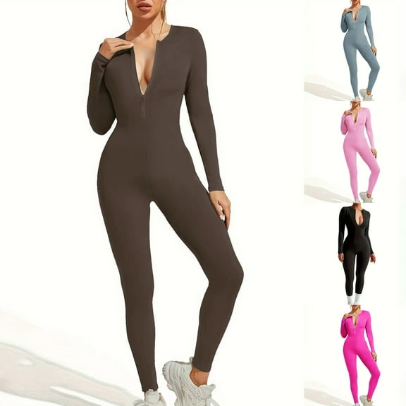 FRSASU Women Long Sleeve Workout Jumpsuit Zip up Romper Bottom Pants Bodysuit Bodycon Casual One Piece Pink
