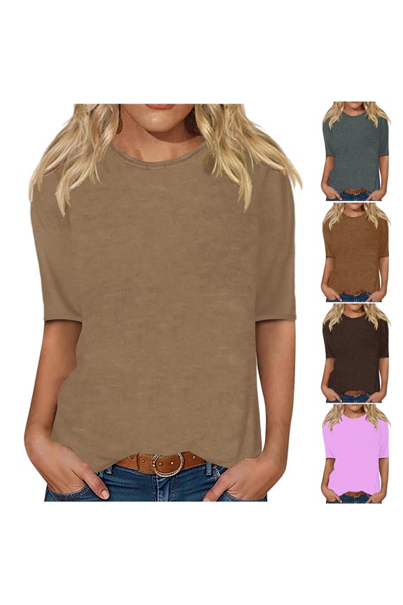 FRSASU Women Mid Sleeve Solid Color Round Neck Dressy Basics Tees Casual Trendy Loose Fit T Shirts Khaki