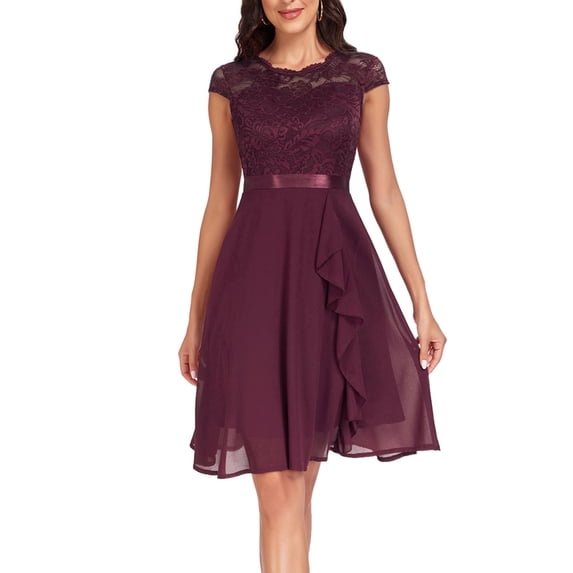 FRSASU Women Midi Dress Lace Top V Neck Cap Sleeve Wedding Guest Dress Chiffon Ruffle formal Evening Dress Purple