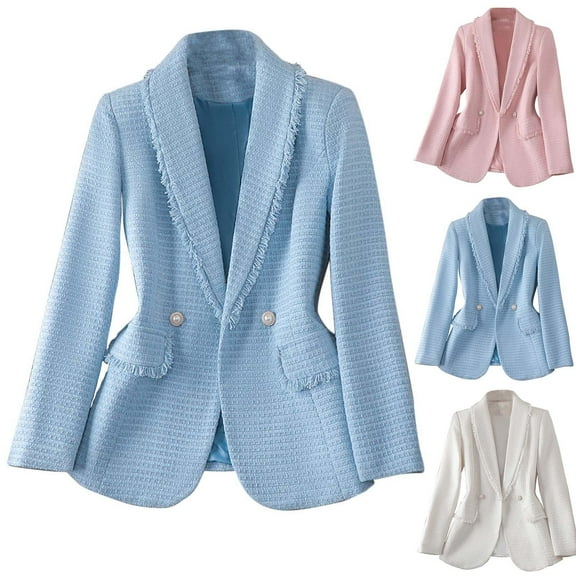 FRSASU Women New Business Casual Blazer Dressy Long Sleeve Lapel Tweed Solid Color Temperament Suit Jacket White XL(XL)