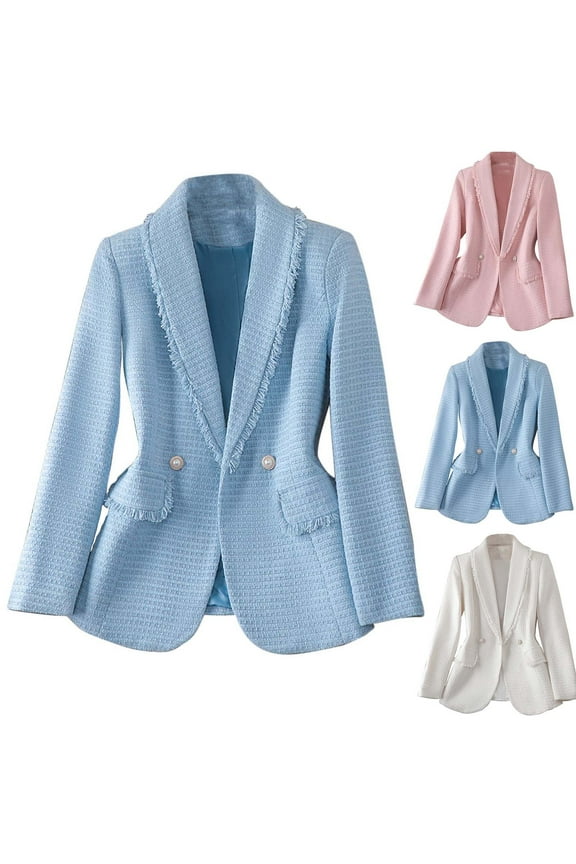 Women New Business Casual Blazer Dressy Long Sleeve Lapel Tweed Solid Color Temperament Suit Jacket White XL(XL)