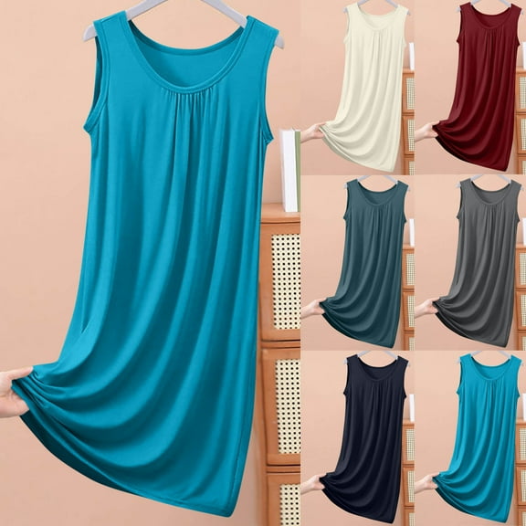 FRSASU Women Nightgown Sleeveless Sleepwear Solid Thin Loose Nightshirt Round Neck Home Nightdress Wine XL(XL)