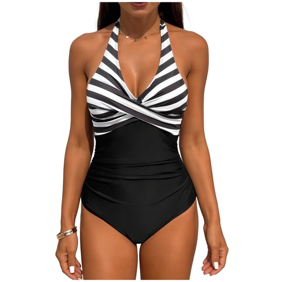FRSASU Women One Piece Halter Tankini Bathing Suits Slimming Tummy Control High Waisted Stripe Printed Swimsuits Black