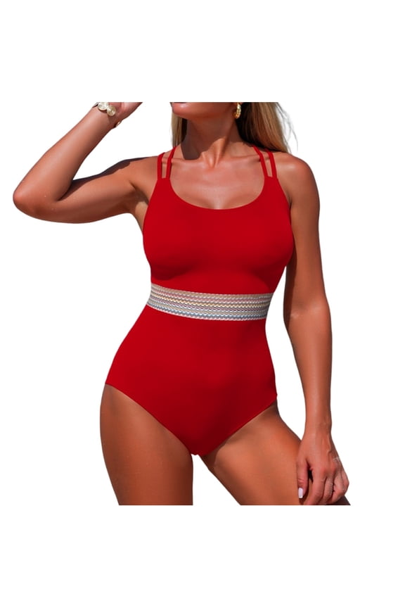 Women One Piece Swimsuit Tummy Control Adjustable Shoulder Strap Bikini Bathing Suit Red
