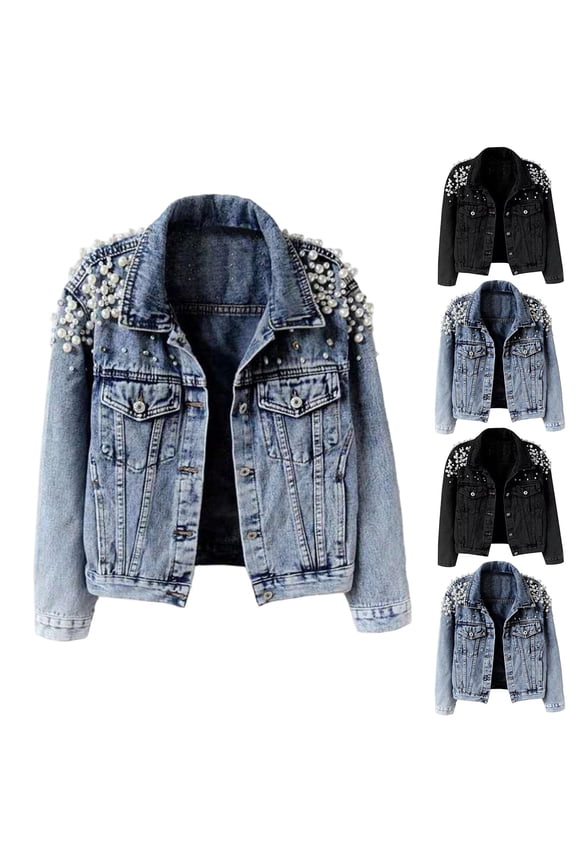 Women Oversized Denim Jacket Embroidered Pearls Beading Jeans Coat Blue