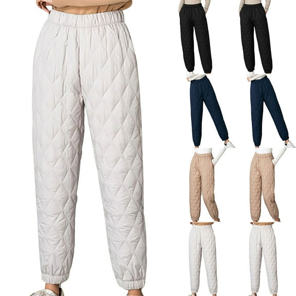 FRSASU Women Padded Quilted Pants Fall Winter Cotton Warm Casual Wide Leg Pants Elastic Waist Trousers Navy