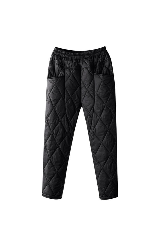 Women Padded Quilted Pants Fall Winter Cotton Warm Casual Wide Leg Pants Elastic Waist Trousers with Pockets Black