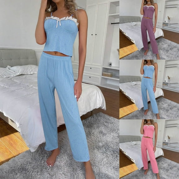FRSASU Women Pajama Set Fashion Sleeveless Strap Top and Loose Wide Leg Pants Sleepwear Set Purple