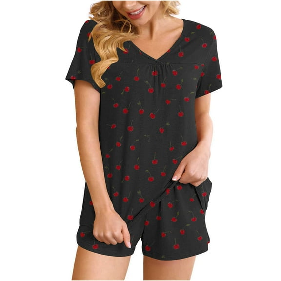 FRSASU Women Pajamas Set 2 Piece Cute Cherry Print Short Sleeve V Neck Top with Shorts Set Sleepwear with Pocket Black S(S)