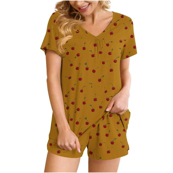 FRSASU Women Pajamas Set 2 Piece Cute Cherry Print Short Sleeve V Neck Top with Shorts Set Sleepwear with Pocket Gold S(S)