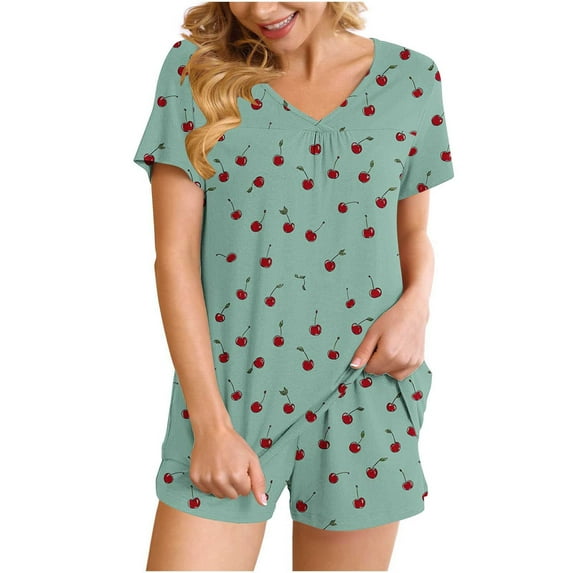 FRSASU Women Pajamas Set 2 Piece Cute Cherry Print Short Sleeve V Neck Top with Shorts Set Sleepwear with Pocket Mint Green XL(XL)