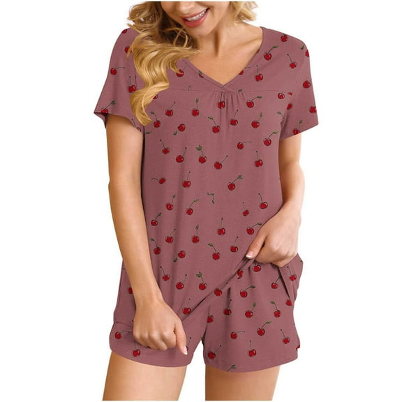 FRSASU Women Pajamas Set 2 Piece Cute Cherry Print Short Sleeve V Neck Top with Shorts Set Sleepwear with Pocket Watermelon Red XL(XL)