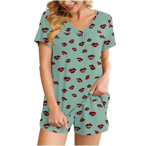 FRSASU Women Pajamas Set 2 Piece Cute Red Lips Print Short Sleeve V Neck Top with Shorts Set Sleepwear with Pocket Mint Green M(M)