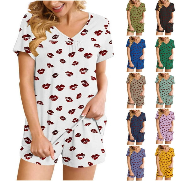 FRSASU Women Pajamas Set 2 Piece Cute Red Lips Print Short Sleeve V Neck Top with Shorts Set Sleepwear with Pocket Yellow XL(XL)