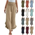 thumbnail image 1 of FRSASU Women Pants Summer Wide Leg Pants Smocked Waist Ruffle Hem Palazzo Pant Boho Flowy Beach Pant White, 1 of 9