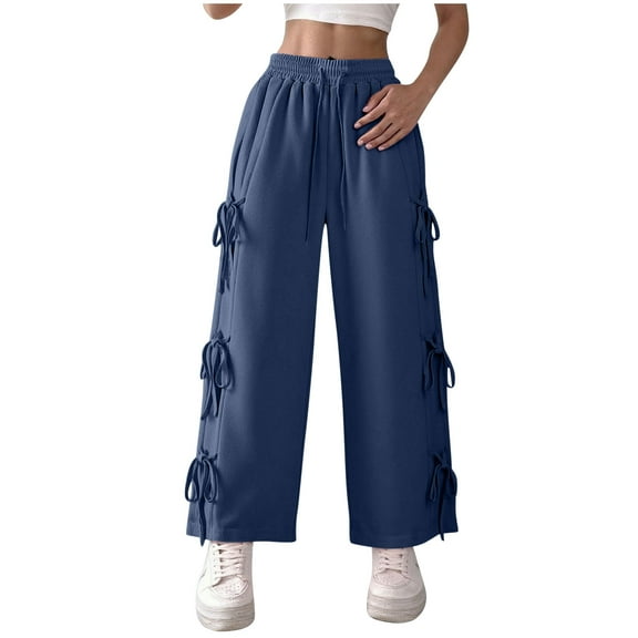 FRSASU Women Pants Wide Leg Solid Color Bow Tie Bandage Elastic Waisted Casual Loose Pants Navy S(S)