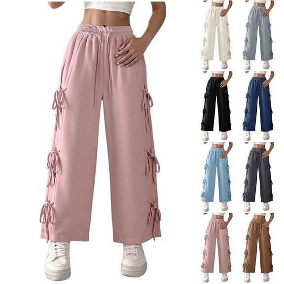 FRSASU Women Pants Wide Leg Solid Color Bow Tie Bandage Elastic Waisted Casual Loose Pants Pink S(S)