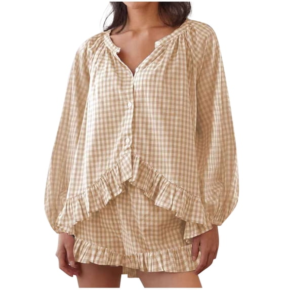 FRSASU Women Plaid 2 Piece Pajama Outfits Button High Waist Ruffle Shirt Wide Leg Shorts Lounge Sets Sleepwear Khaki