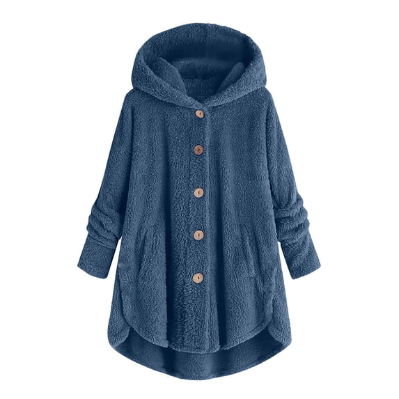 FRSASU Women Plus Size Button Plush Tops Hooded Loose Cardigan Wool Coat Winter Jacket Blue 6(M)