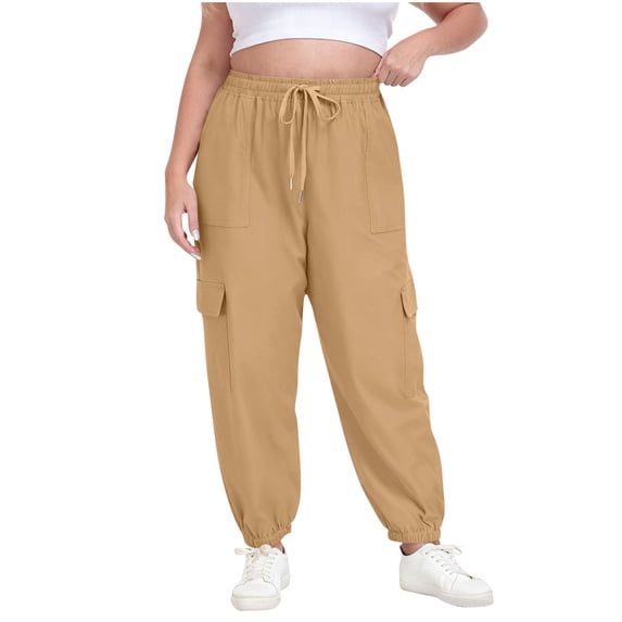 FRSASU Women Plus Size Cargo Sweatpants Adjustable Drawstring Joggers Loose Fit Lounge Trousers with Pockets Khaki