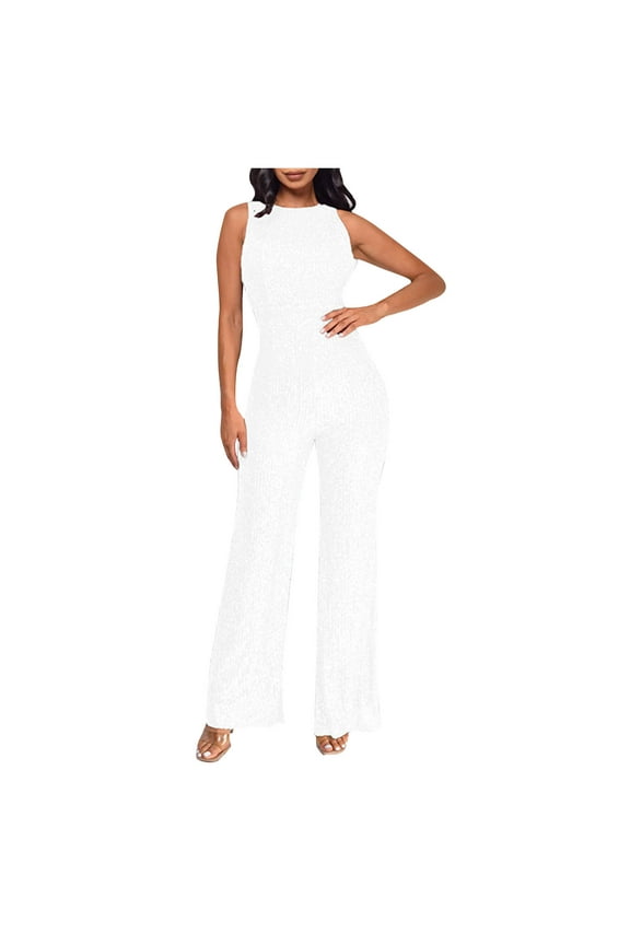 Women Romper Fashion Sequin Jumpsuit off Shoulder Sleeveless Slim Fit Rompers Overalls White