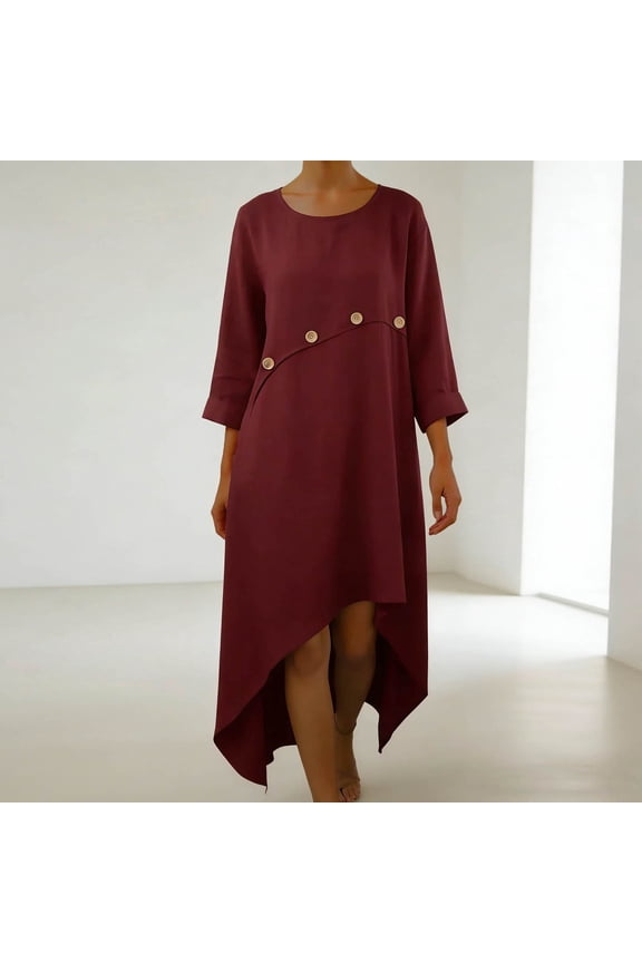 Women'S 3/4 Sleeve Casual Cotton Linen Long Dress Crew Neck Button Summer Beach Maxi Dress Red