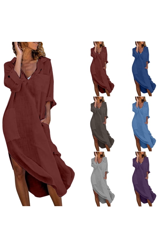 Women's Summer Shirt Dresses Casual Cotton Linen Long Sleeve Maxi Flowy Vacation Beach Dress with Pockets Wine-A