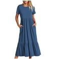 thumbnail image 1 of FRSASU Women's Casual Short Sleeve Crewneck Beach Dress Loose Pleated Hem Flowy Tiered Maxi with Pockets Dark Blue, 1 of 8