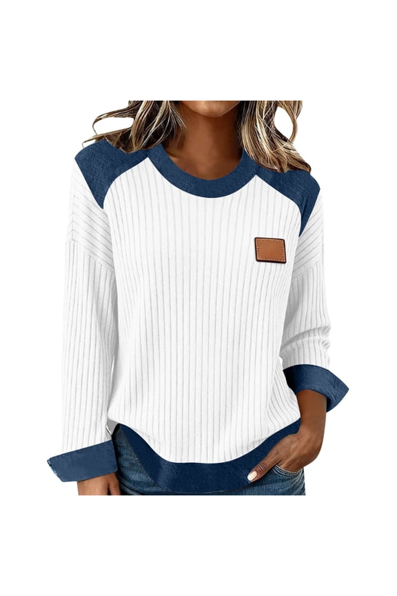 FRSASU Women'S Denim Sweat Shirts Long Sleeve Round Neck Denim Patchwork Pullover Ribbed Knit Retro Tops Spring Trendy White