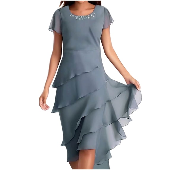 FRSASU Women's Chiffon Ruffle Midi Dress Short Sleeve Asymmetrical Hem Elegant Wedding Guest Cocktail Party formal Dress Navy
