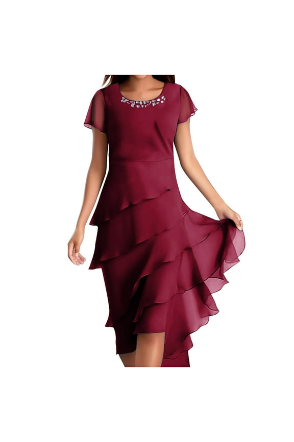 Women'S Dress Chiffon Layered Plain Summer Spring Elegant Midi Dress Short Sleeve Wine