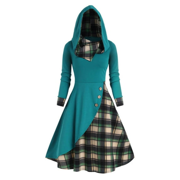 FRSASU Women'S Dress Clearance,Women'S Gothic Vintage Plaid Panel Hooded Button Dress Retro Dark Midi Dress