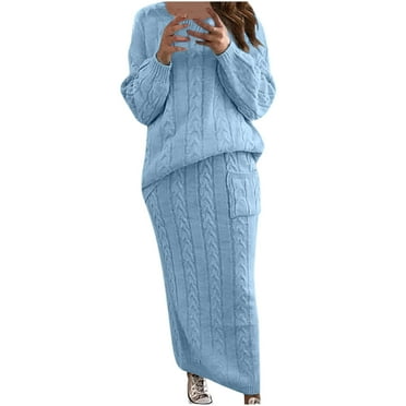 FRSASU Women'S Dress Clearance,Womens Solid Color Long Sleeve Cable Knitted Warm Two-Piece Skirt Sweater Suit Set
