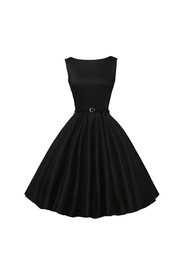 Women's Vintage 1950s Rockabilly Dresses Sleeveless Audrey Dress with Belt Retro Solid Evening Party Cocktail Dress Black