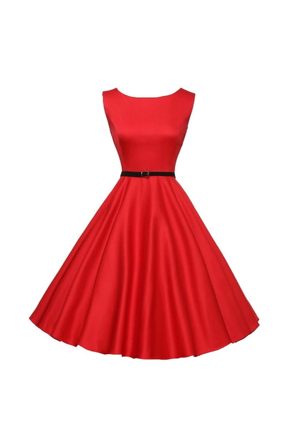 Women's Vintage 1950s Rockabilly Dresses Sleeveless Audrey Dress with Belt Retro Solid Evening Party Cocktail Dress Red