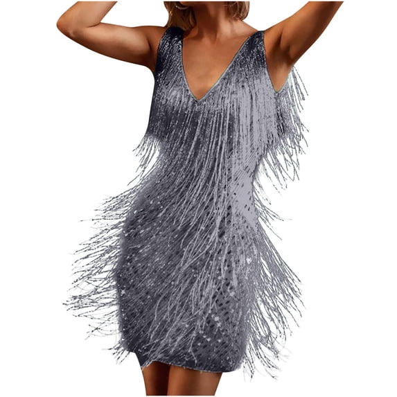 FRSASU Sequin Fringe Dress for Women Sparkly Glitter formal Tassel Evening Party Ball Gown Cocktail Concert Outfit Gray