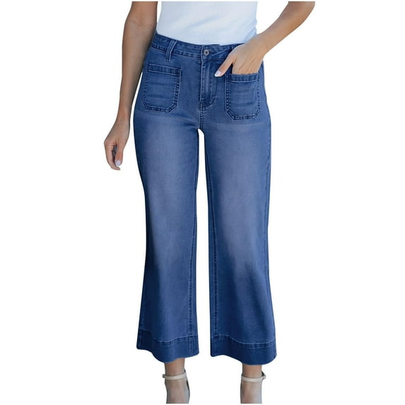 FRSASU Women'S Loose and Slim Wide Leg Straight Leg Pants Casual Solid Color Washed Jeans Cropped Pants