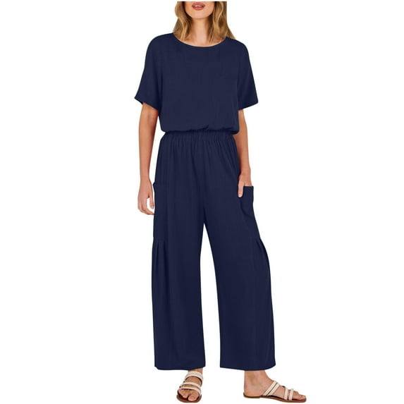 FRSASU Women'S New Summer Solid Color Casual Cotton Linen Jumpsuit with Pockets Short-Sleeved Wide-Legged Pants Jumpsuit Pants