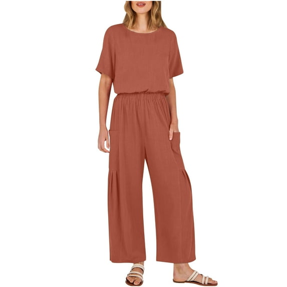 FRSASU Women'S New Summer Solid Color Casual Cotton Linen Jumpsuit with Pockets Short-Sleeved Wide-Legged Pants Jumpsuit Pants