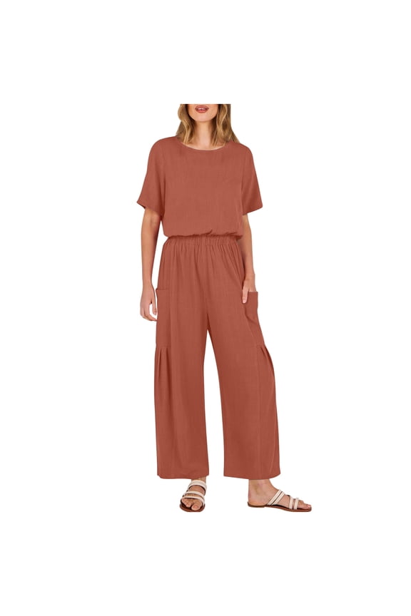 Women'S New Summer Solid Color Casual Cotton Linen Jumpsuit with Pockets Short-Sleeved Wide-Legged Pants Jumpsuit Pants