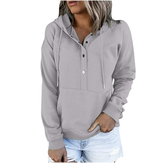 FRSASU Women'S Plus Size Top,Hoodies Fall Solid Long Sleeve Sweatshirt Button Down Drawstring Pullover Top Blouse with Pocket