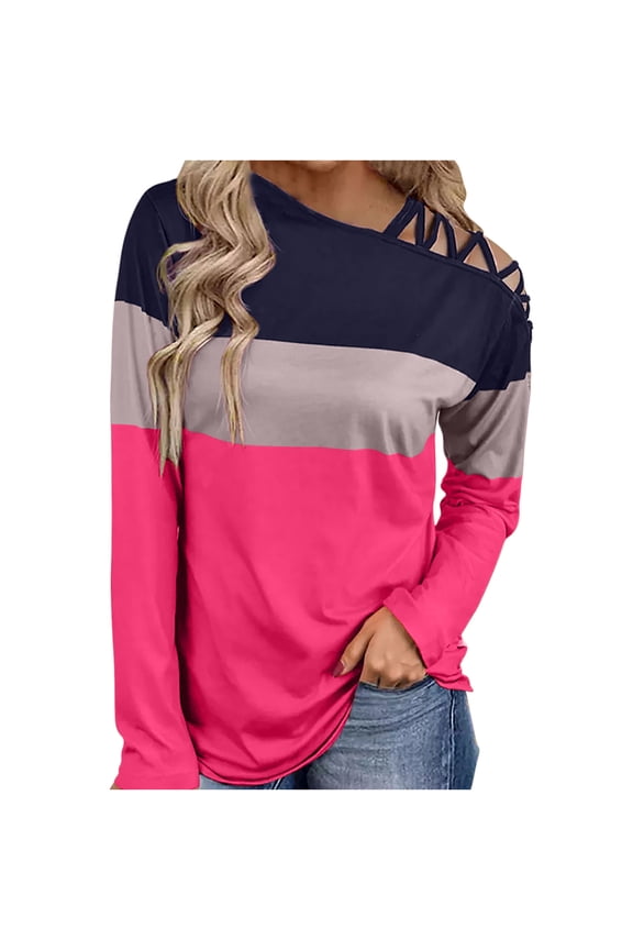 Women'S Plus Size Top,Long Sleeves Shoulder off-the-Shoulder Cross Strap Plaid Color Block Tops Blouse Tunic Tops