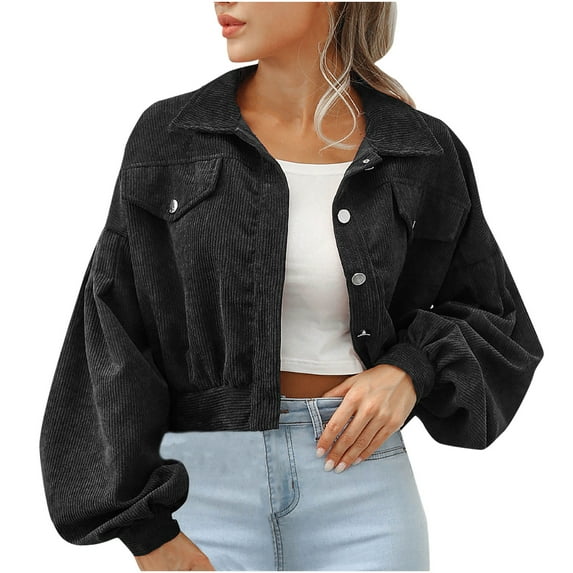 FRSASU Women'S Plus Size Coat ,Corduroy Long Sleeve Lantern Sleeve Lapel Single Breasted Pockets Short Coat