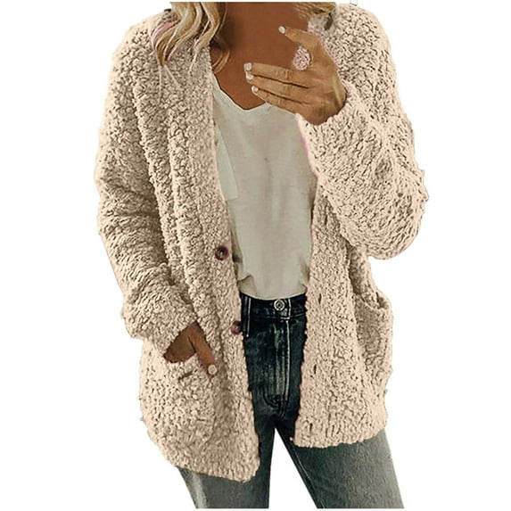 FRSASU Women'S Plus Size Coat Clearance,Long Sleeve Button Solid Pocket Cardigan Tops Blouse Plush Coat