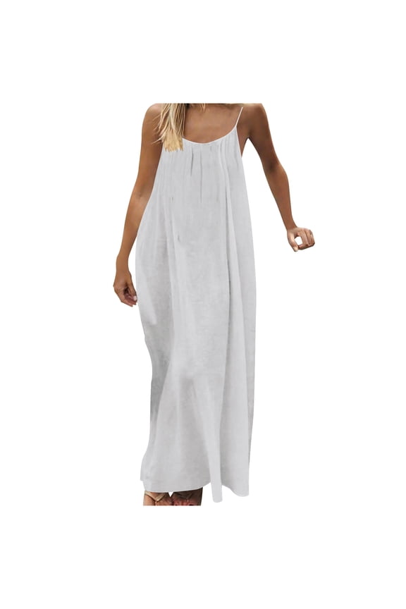 Women'S Solid Color Halter Dress Low Back Sleeveless Spaghetti Strap Flowy Summer Sundress White