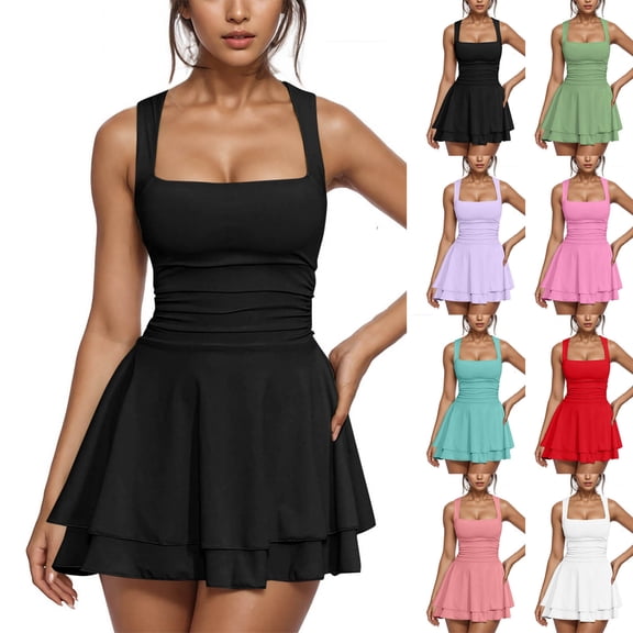 FRSASU Women's Square Neck Layered Ruffle Hem Mini Dress Sleeveless Low Cut A-Line Swing Ruched Waist Short Party Dresses White