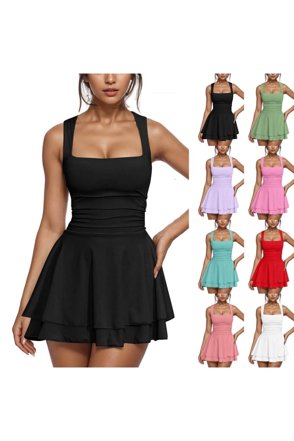 Women's Square Neck Layered Ruffle Hem Mini Dress Sleeveless Low Cut A-Line Swing Ruched Waist Short Party Dresses White